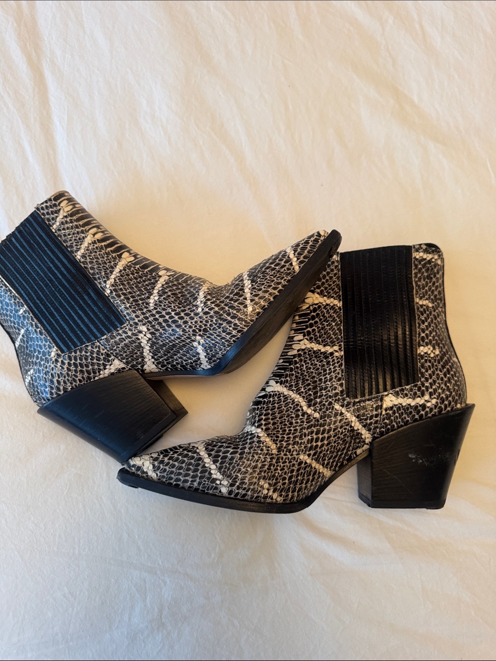 Women's Snake-Print Ankle Boots in Black and Cream